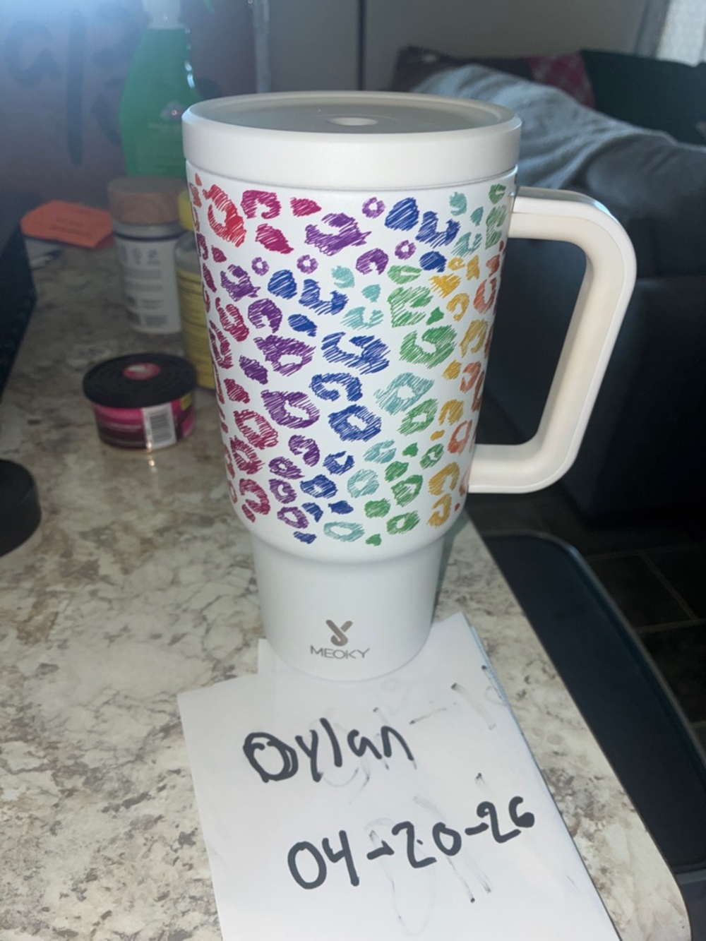 Rainbow Leopard Print Travel Mug - White